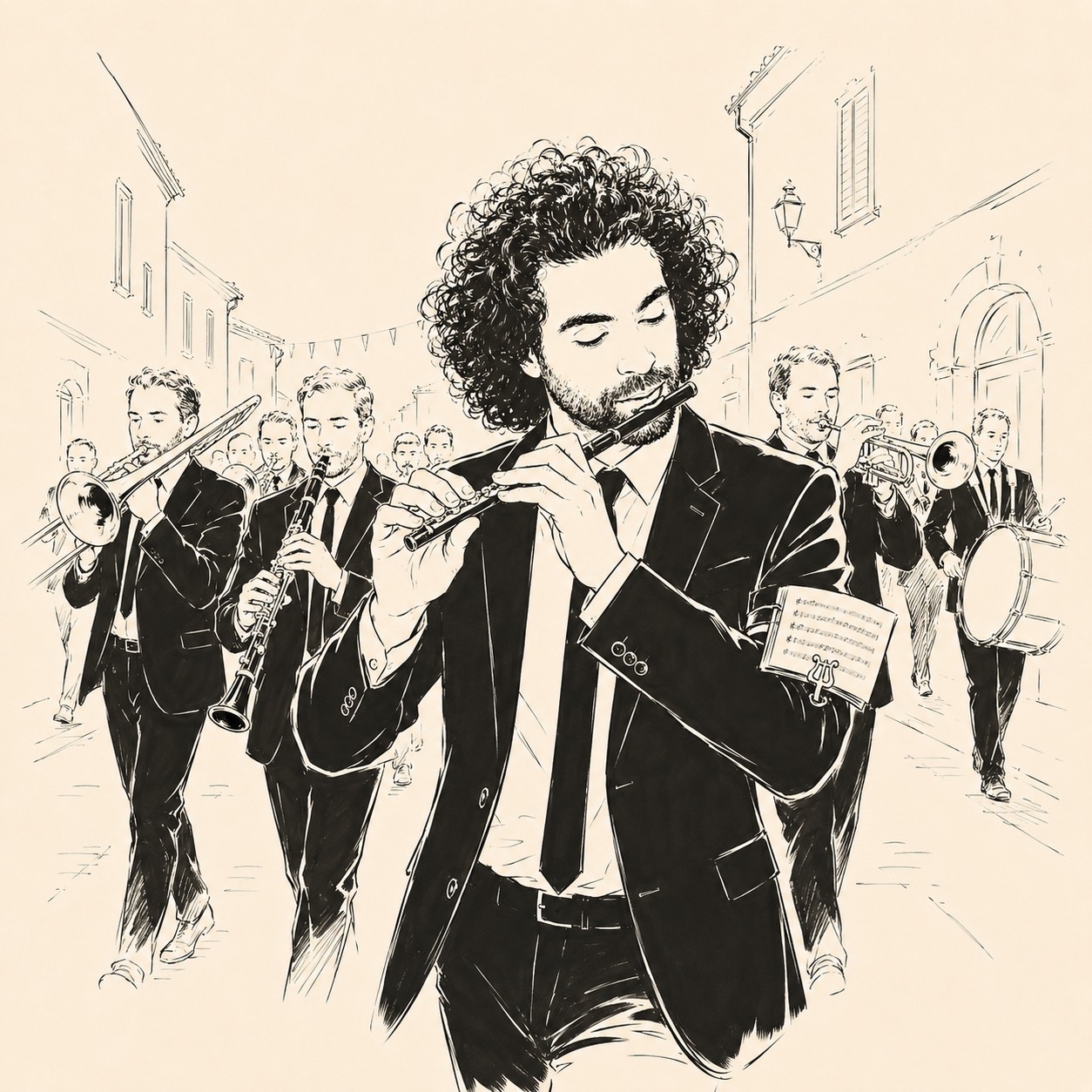 Illustrazione di una banda musicale con flautista durante una processione